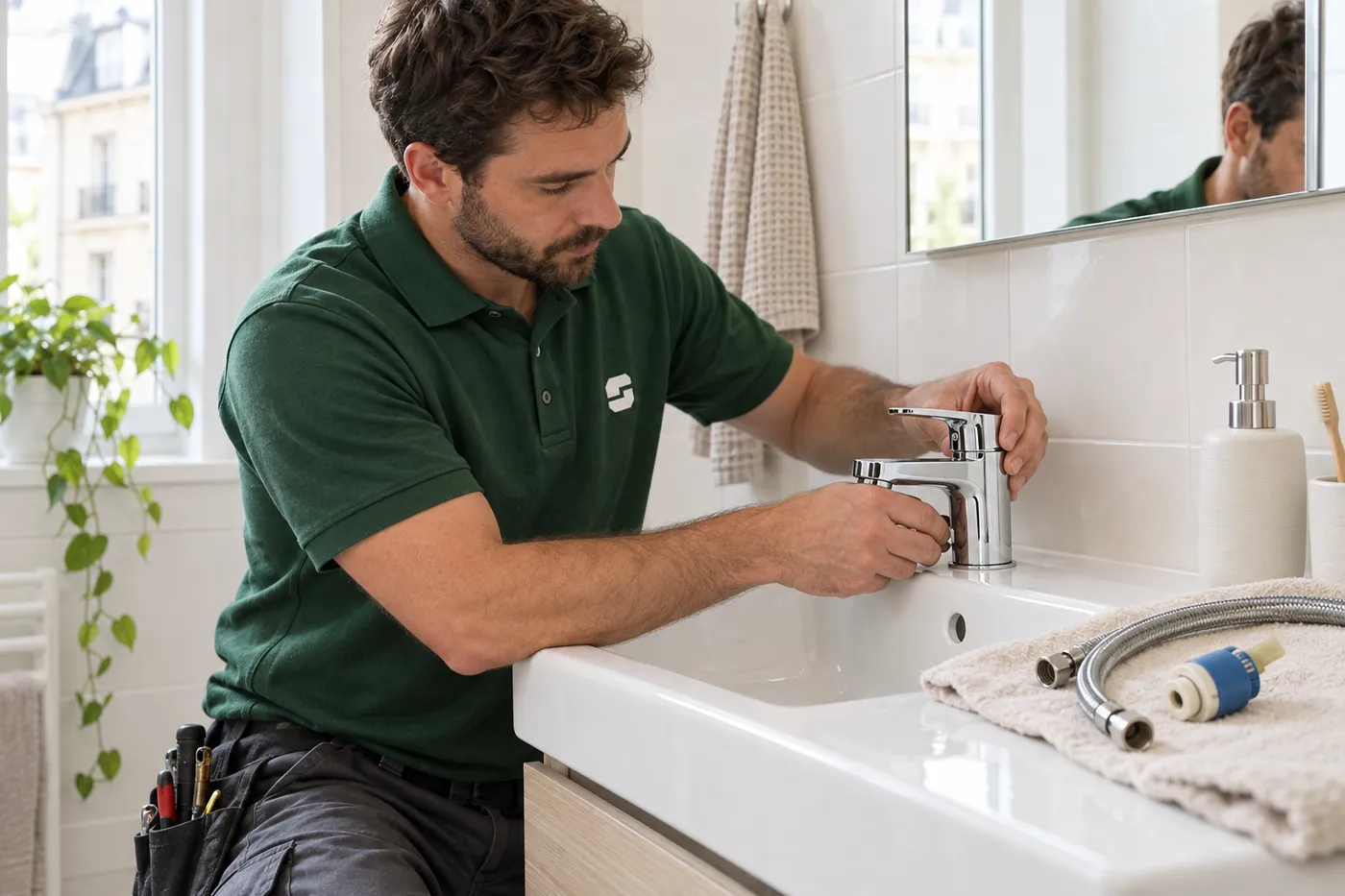Plombier en polo vert posant un mitigeur neuf sur un lavabo, flexible et cartouche à côté