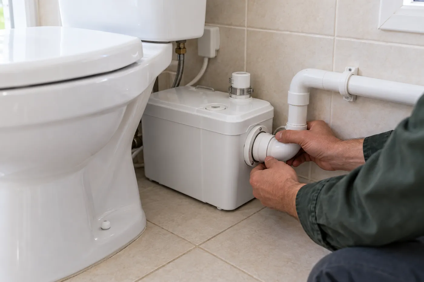 Raccordement du tuyau d'évacuation d'un broyeur installé derrière un WC