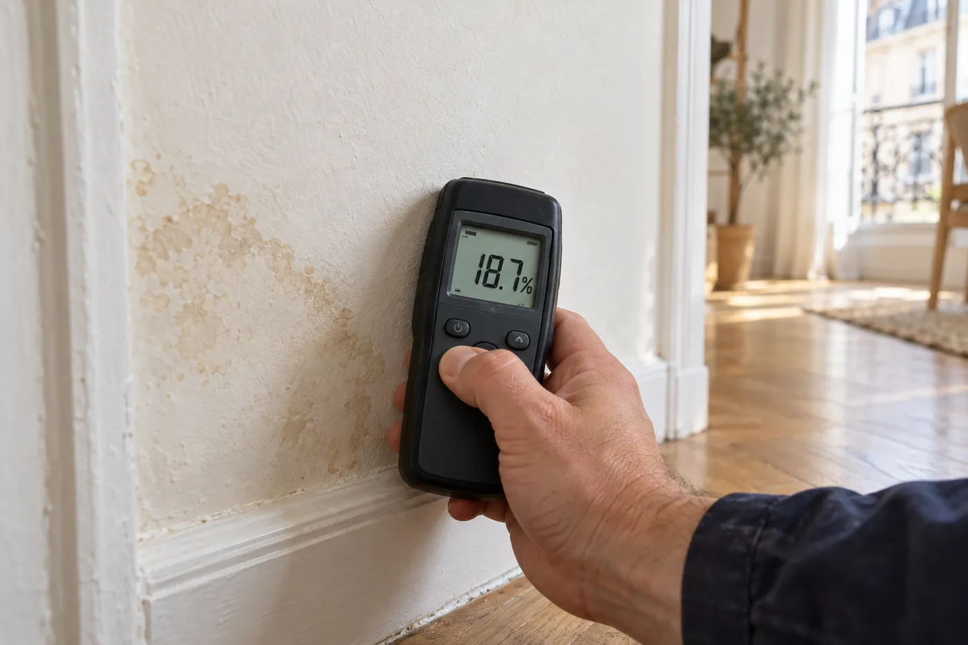Humidimètre appliqué contre un mur taché près d'une plinthe pour repérer une fuite