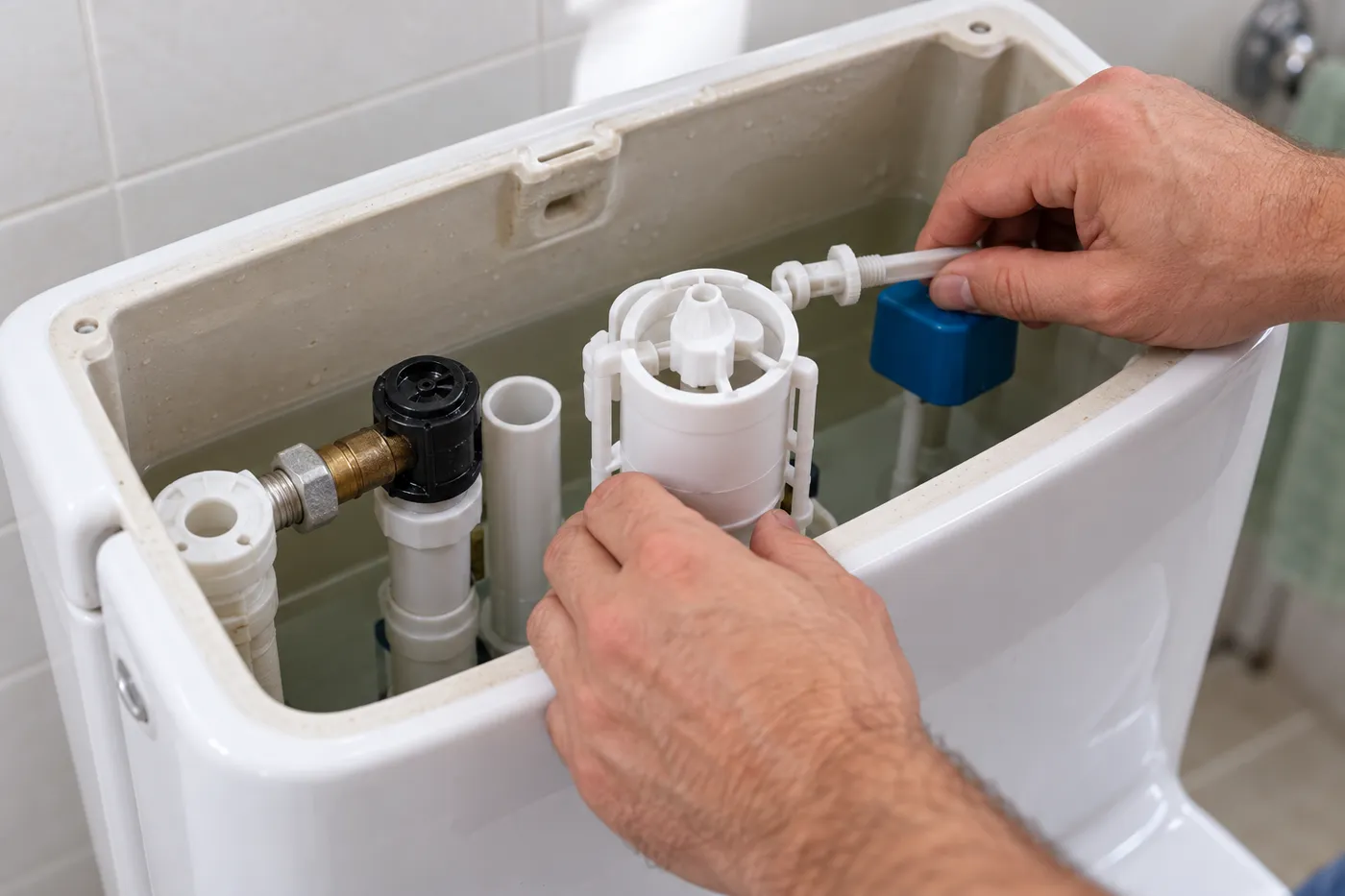 Réglage du flotteur et du mécanisme de chasse dans un réservoir de WC ouvert