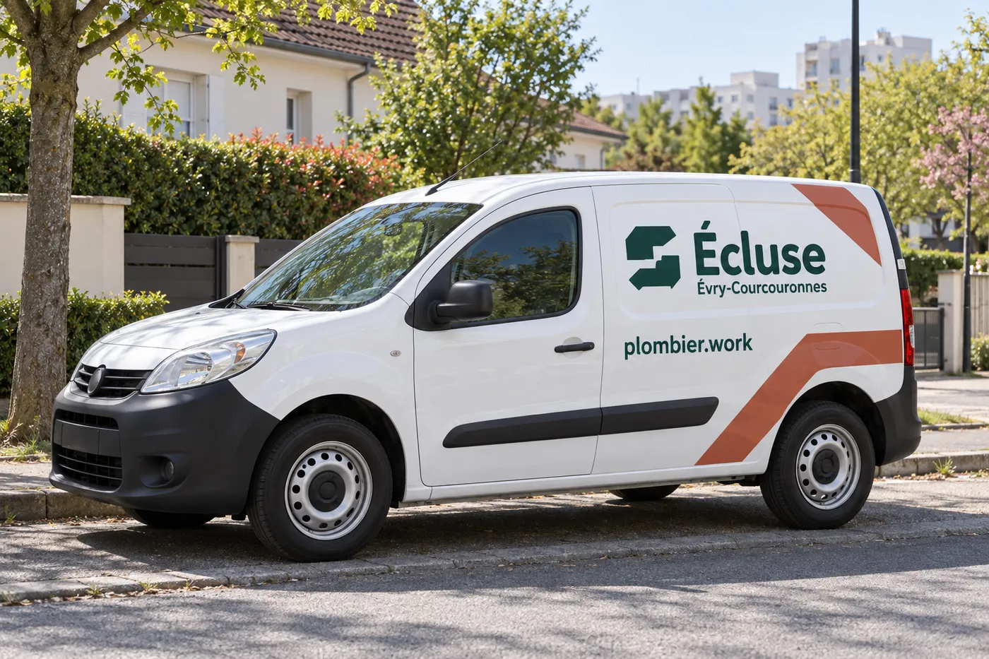 Utilitaire blanc Écluse Évry-Courcouronnes siglé plombier.work garé dans une rue résidentielle