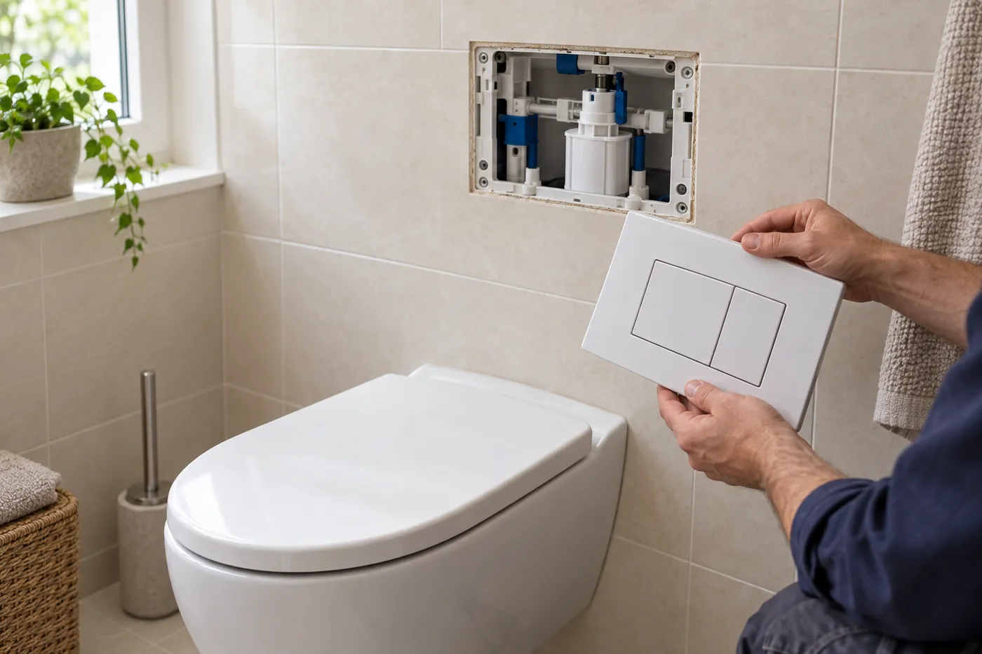 WC suspendu dont la plaque de commande est déposée pour accéder au mécanisme du bâti